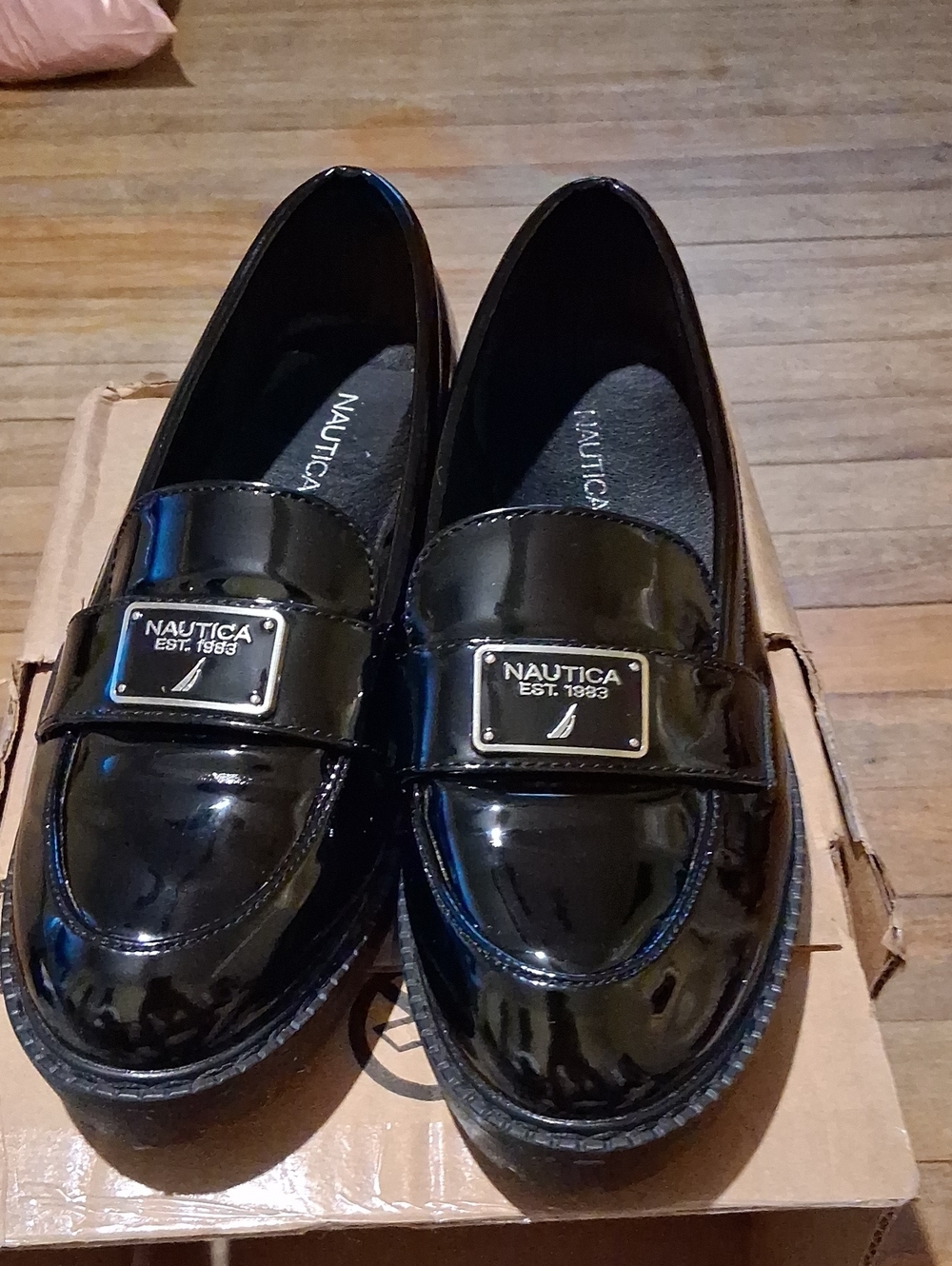 Nautica Kids Black Patent Moccasins with Metal Logo Plate